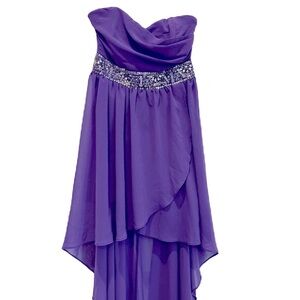 TFNC London off shoulder high low purple chiffon with empire waist gemstone Sml